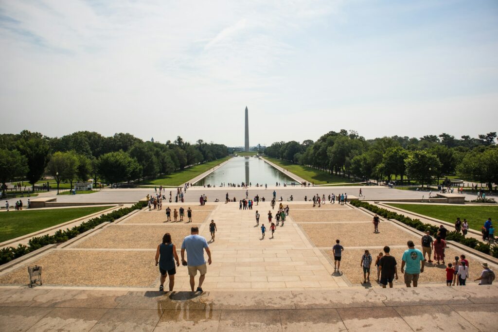 a group of people standing at the pool in washington dc