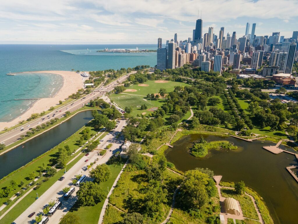 an aerial view of lincoln park which is a great place for team building activities in chicago